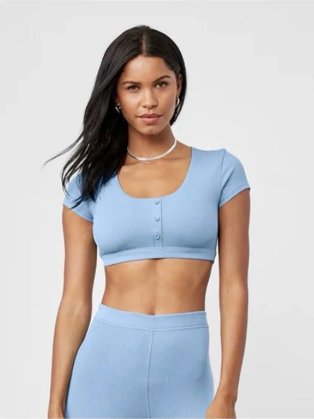 ALO Yoga Blissful Henley Bra Top in Sky Blue Size Large